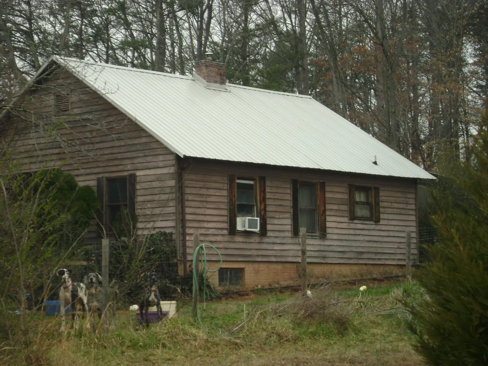 White metal roof on an old wood sided farmhouse, from a Metal Roof Installation job in Pleasant Hill